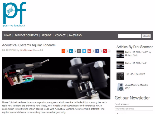 April 2016 - Review Aquilar Tonearm - published by POSITIVE FEEDBACK - USA